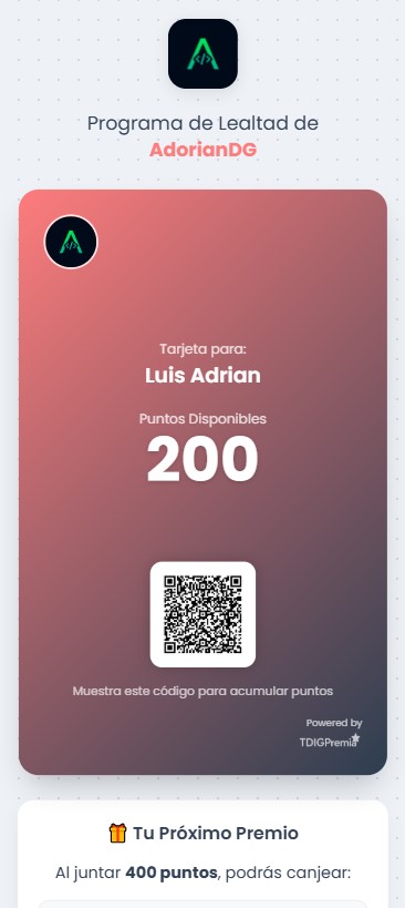 Vista previa de la tarjeta de lealtad digital en la app TDIGPremia